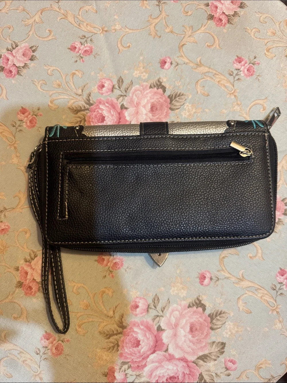 Embroidered Teal and Black Wristlet Crossbody Wallet